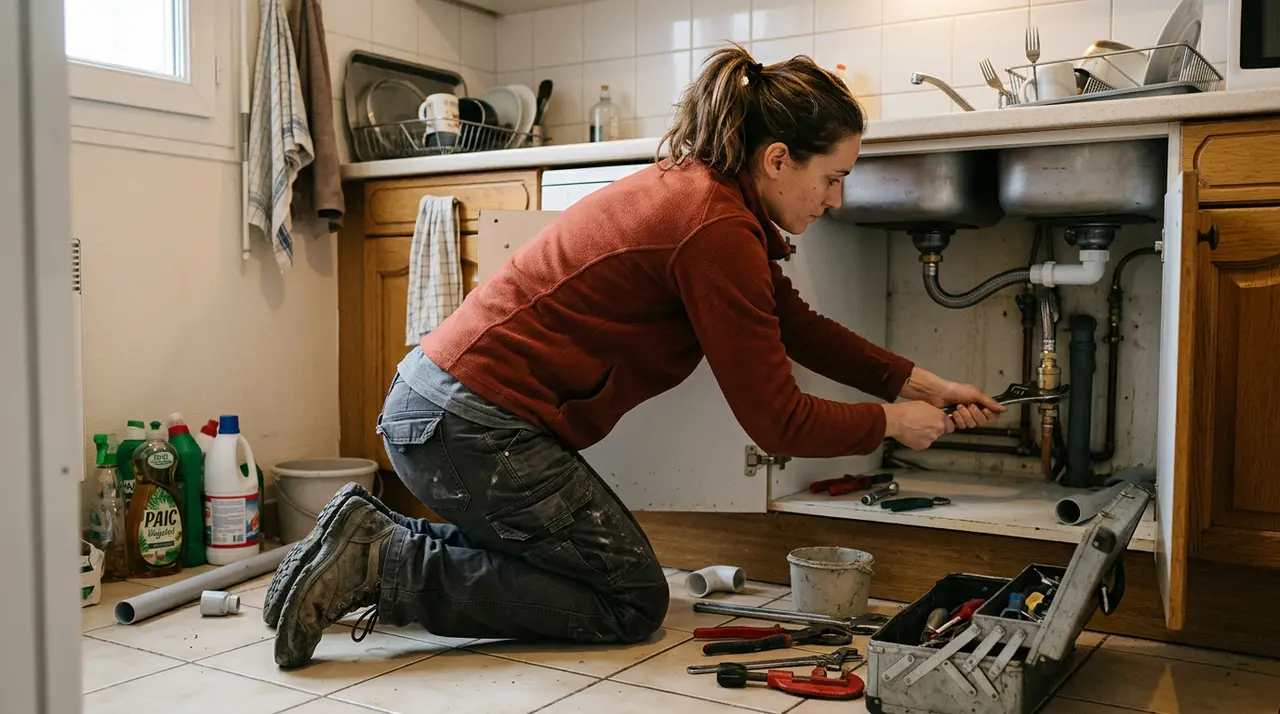Plombière installant un clapet anti-retour sous l'évier d'une cuisine à Ivry-sur-Seine