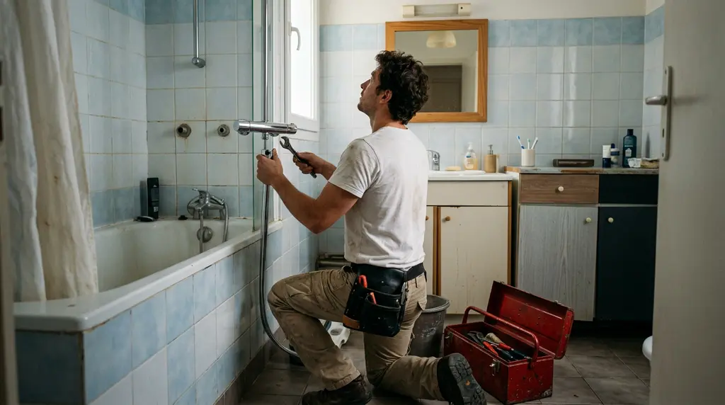 Plombier fixant le mitigeur thermostatique d’une colonne de douche au-dessus d’une baignoire à Ivry-sur-Seine