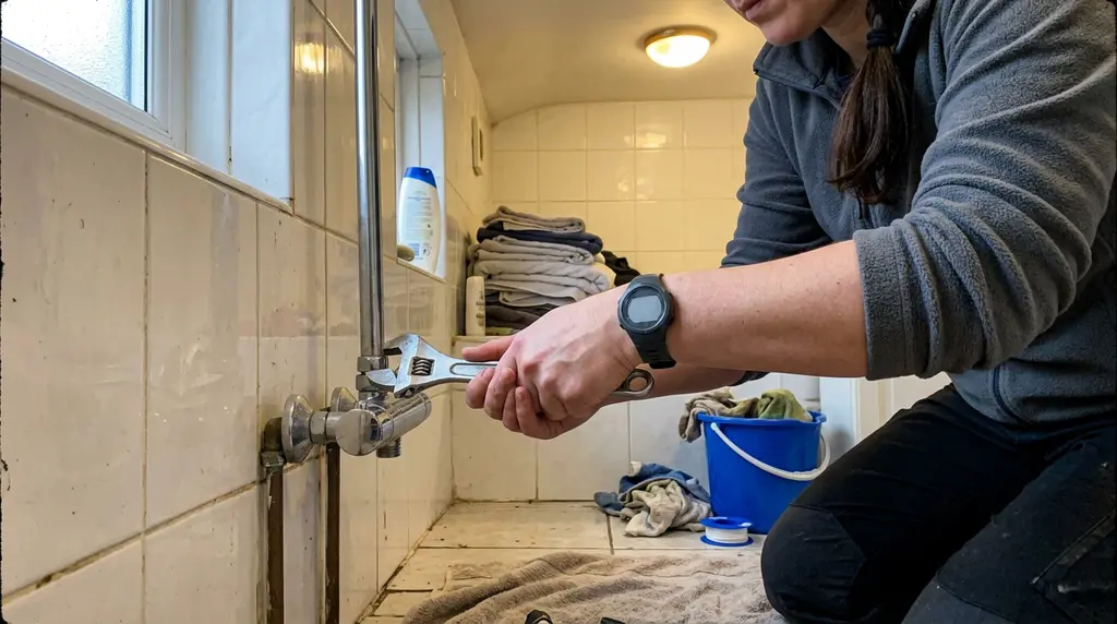 Plombière serrant les raccords excentrés des arrivées d’eau chaude et froide au mur d’une douche à Ivry-sur-Seine