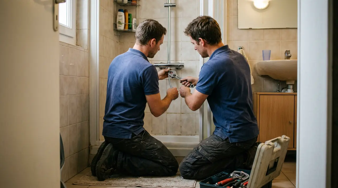 Deux plombiers posant une colonne de douche thermostatique dans une salle de bains d'Ivry-sur-Seine
