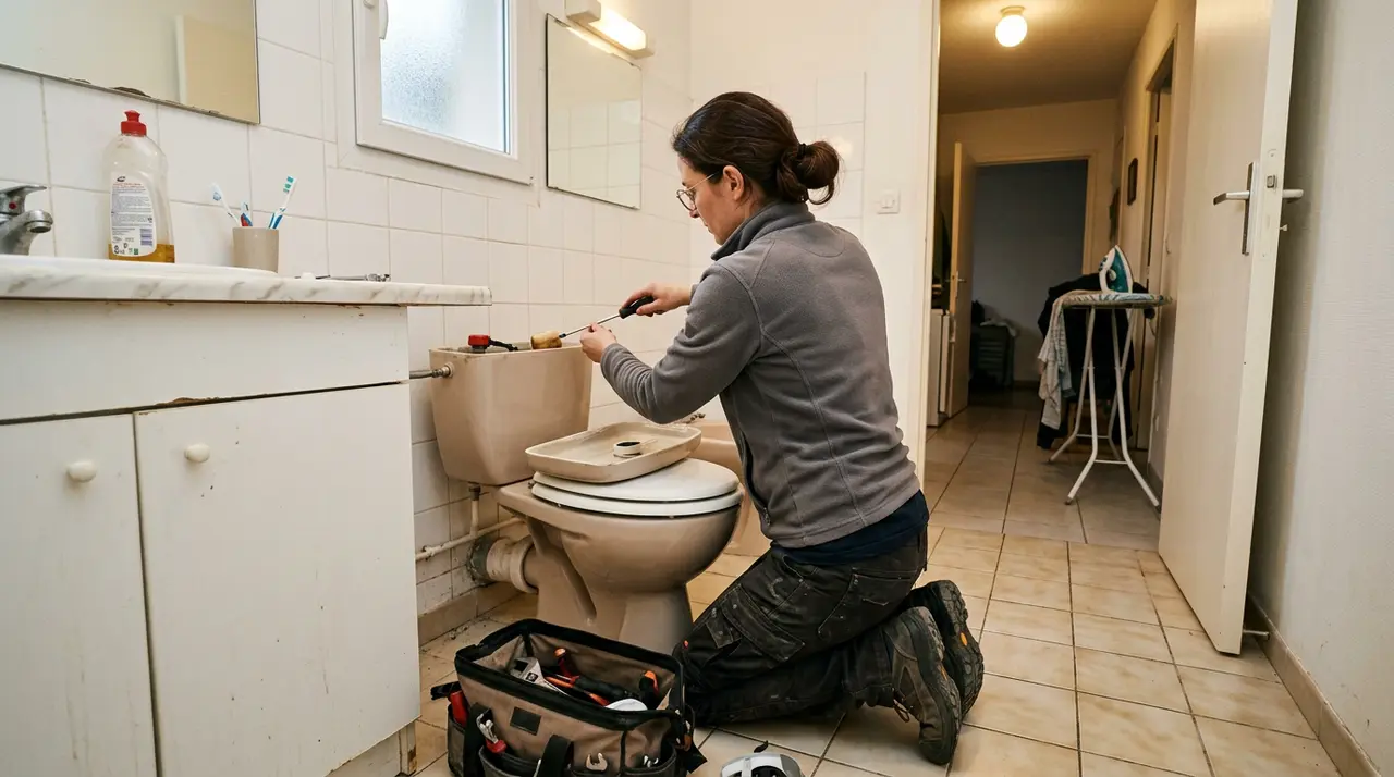 Plombier réglant le réservoir de chasse d'eau d'un WC dans une salle de bains d'Ivry-sur-Seine