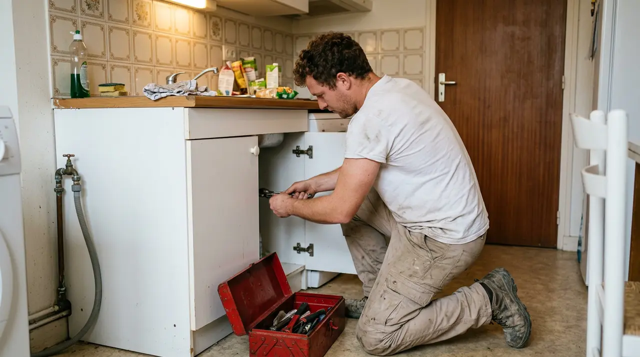 Plombier intervenant sous un meuble de cuisine d'Ivry-sur-Seine pour remplacer un robinet autoperceur