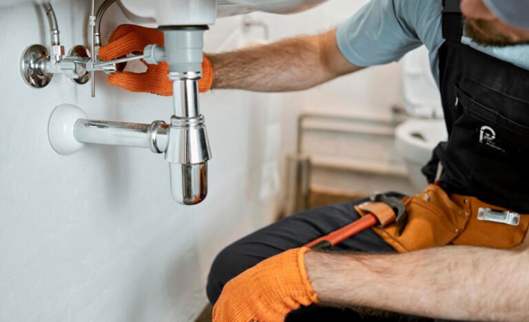 Plombier en gants orange réparant un siphon sous un évier avec des outils à la ceinture