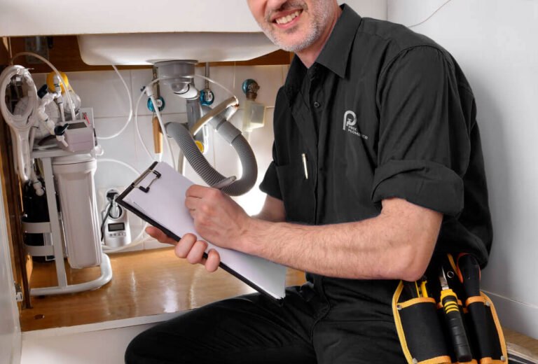 Plombier souriant remplissant un rapport sous un évier avec des tuyaux et un système de filtration.